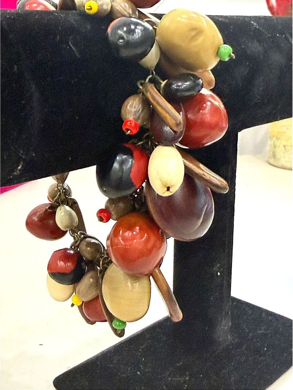 Vintage Hawaiian seed and nut charm Multicolor Wooden Beaded Charm Bracelet 9"